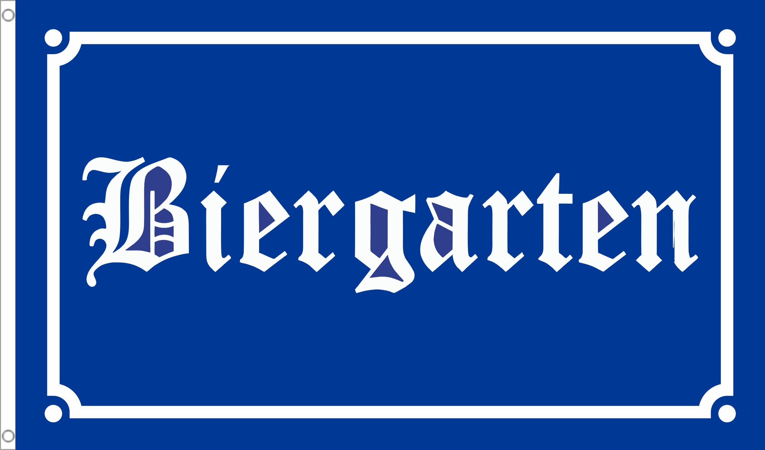 Blaues Biergarten Motiv mit weissem Schriftzug und dekorativer Umrandung.