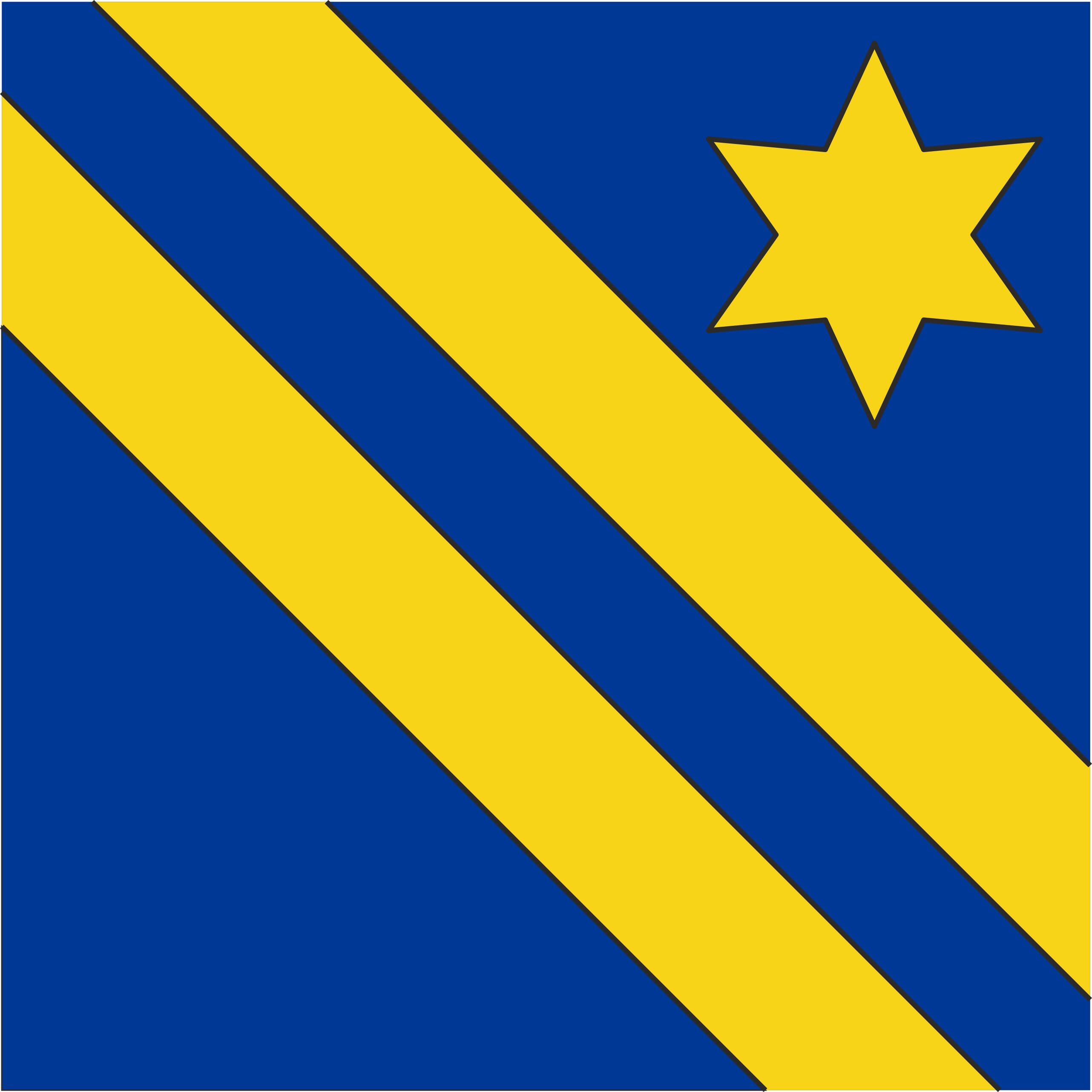Gemeindefahne von Kehrsatz mit blauem Grund, zwei gelben diagonalen Balken und gelbem Stern