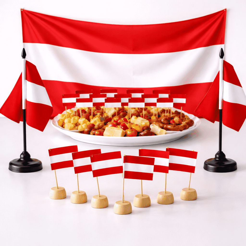 Fan-Set Oesterreich mit 2 Tischflaggen, 50 Mini-Fahnen, 10 Holzsockeln und Fahne 60 x 90 cm - Bild 1