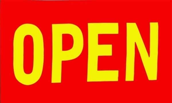 Ge&ouml;ffnet/Open/Offen Fahne rot mit gelber Schrift gedruckt | 90 x 150 cm - Bild 1