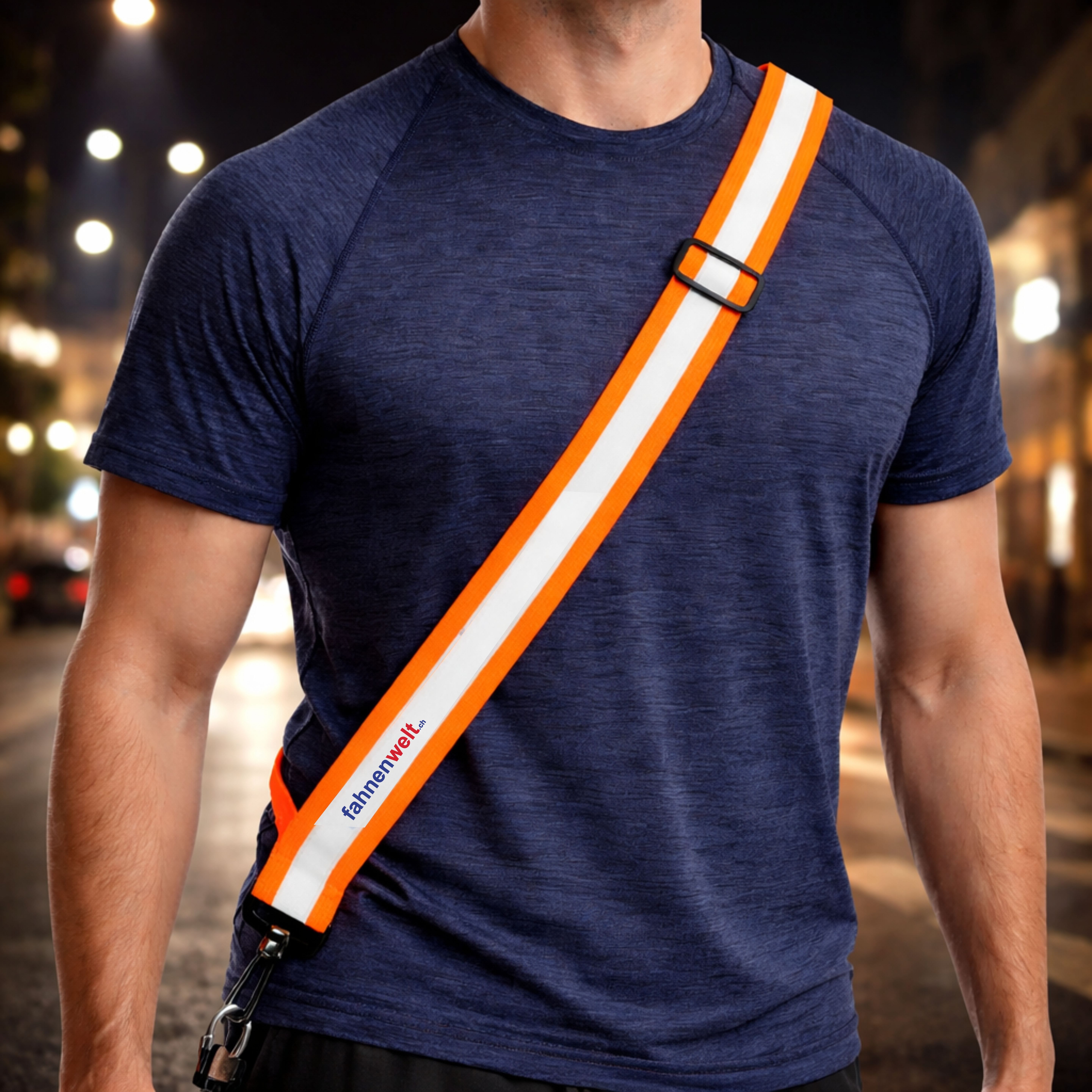 Reflex-Schultergurt Neon-Orange ca. 5 cm breit, verstellbar 53&ndash;74 cm, mit Karabiner - Bild 1