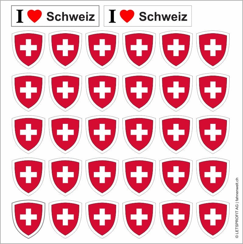 Aufkleber Schweiz in Wappenform mit 30 St&uuml;ck auf Bogen | ca. 12.5 x 12.5 cm | unten spitz - Bild 1