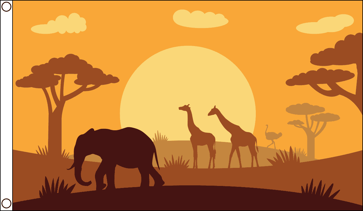African Animals Silhoette / Afrikanische Tiere Fahne aus Stoff | 90 x 150 cm - Bild 1