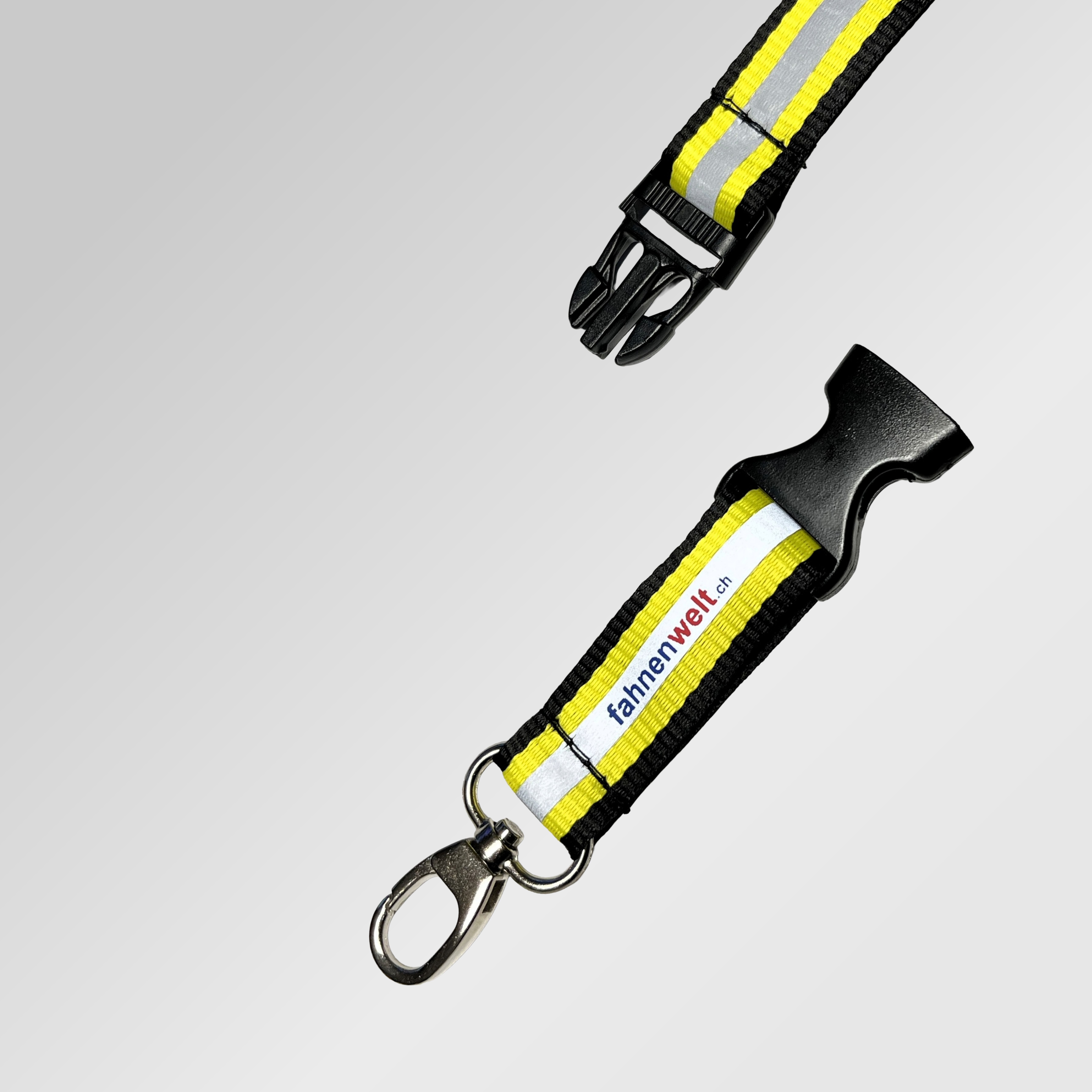 Reflektierendes Schl&uuml;sselband 50 cm leuchtgelb schwarz mit Karabiner und Sicherheitsclip - Bild 3