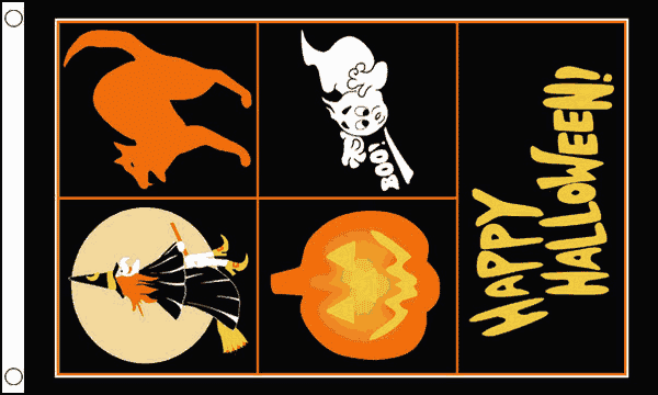 Happy Halloween mit Hexe, Kater und K&uuml;rbis Fahne gedruckt | 90 x 150 cm - Bild 1