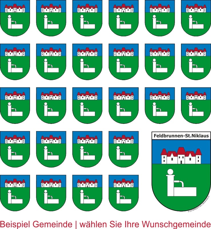 8 Bogen Aufkleber Sticker mit Ihrer Wunschgemeinde mit grosser und 26 kleinen Wappen | Pack &agrave; 8 Boge - Bild 1
