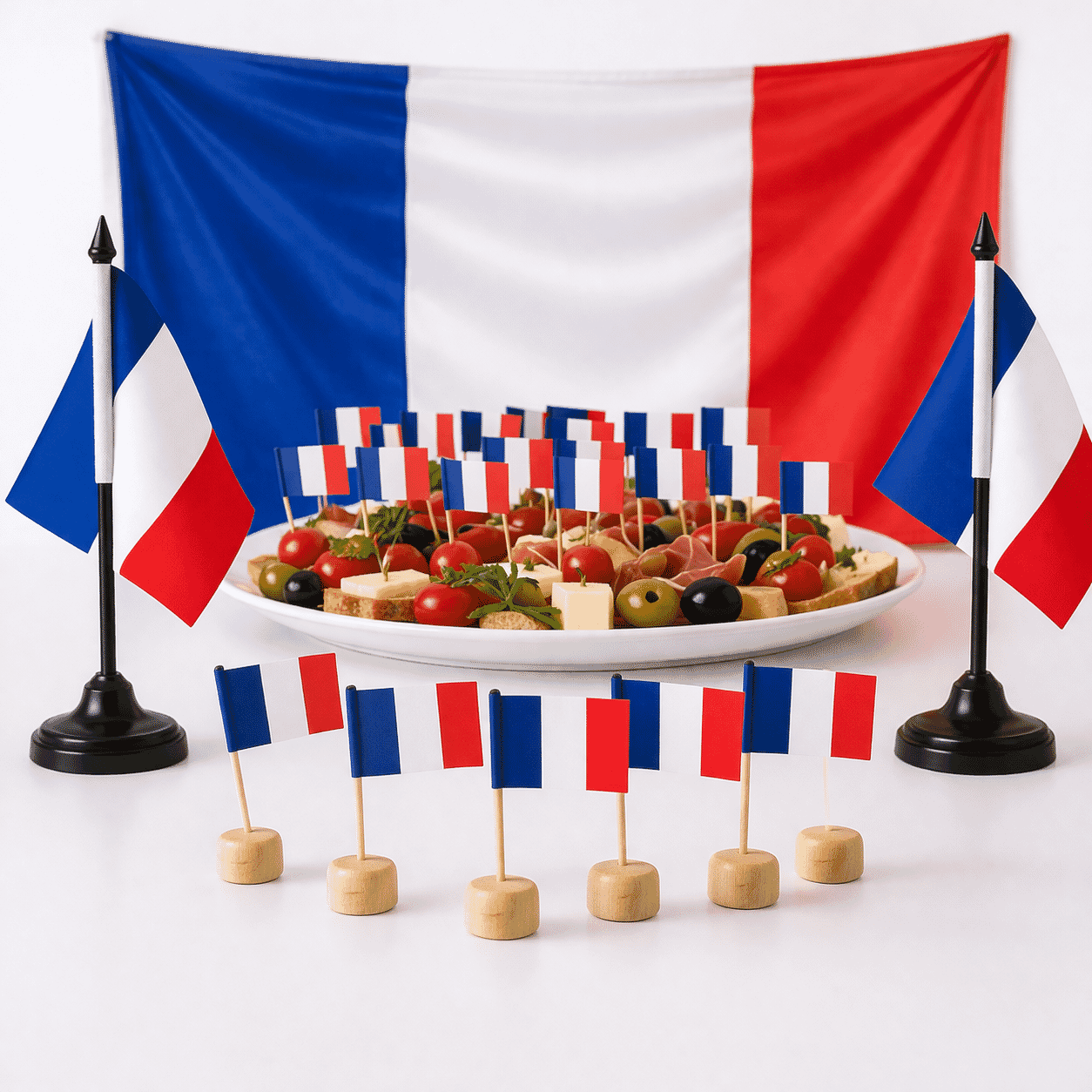 Fan-Set Frankreich mit 2 Tischflaggen, 50 Mini-Fahnen, 10 Holzsockeln und Fahne 100 x 150 cm - Bild 1