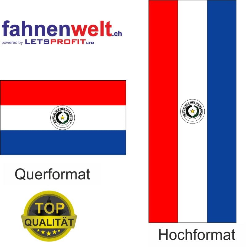 PARAGUAY in Fahne in Top-Qualit&auml;t gedruckt mit Staatswappen im Hoch- und Querformat | diverse Gr&ouml;sse - Bild 1
