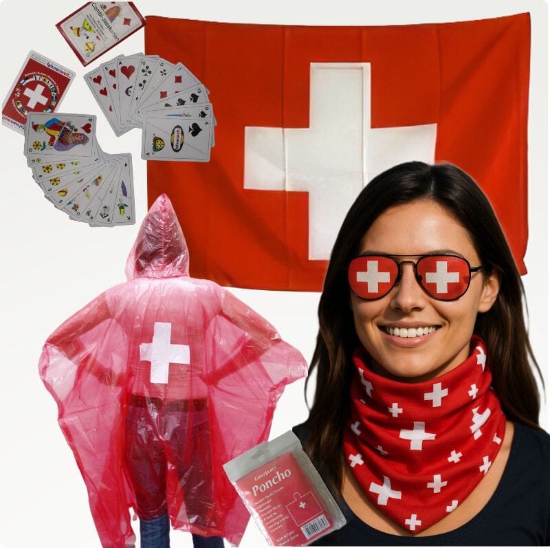 Schweizer Fan-Set mit Fahne, Schal, Poncho, Jass, & Brille &ndash; 5-teilig - Bild 1