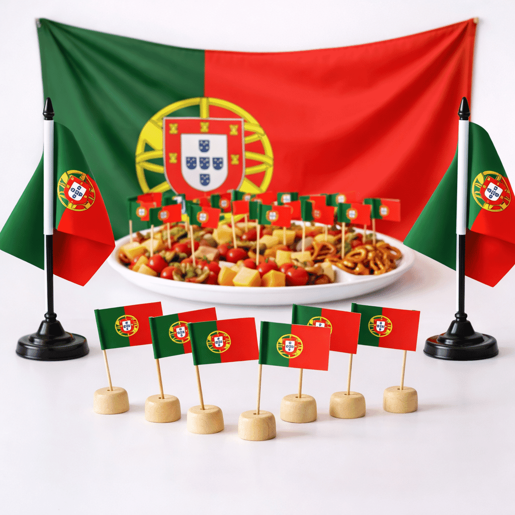 Fan-Set Portugal mit 2 Tischflaggen, 50 Mini-Fahnen, 10 Holzsockeln und Fahne 60 x 90 cm - Bild 1
