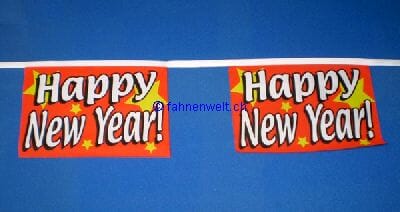 Stoff Fahnenkette Happy New Year / Neujahr gedruckt | 30 Fahnen 15 x 22.5 cm 9 m lang - Bild 1