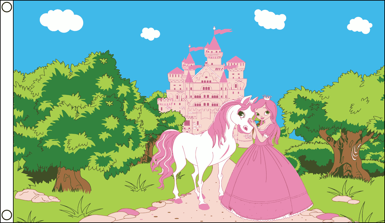Prinzessin mit Pony und Schloss / Princess Pony Castle Fahne aus Stoff | 90 x 150 cm - Bild 1
