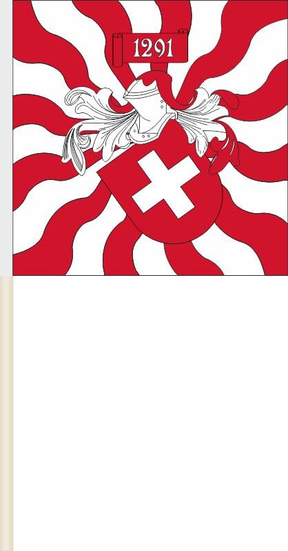 Schweizer Fahne geflammt mit Wappen 1291 &ndash; 40x40 cm am Stab - Bild 1