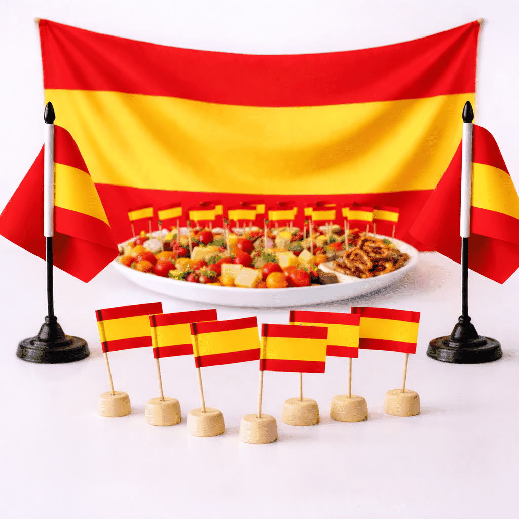 Fan-Set Spanien ohne Wappen mit 2 Tischflaggen, 50 Mini-Fahnen, 10 Holzsockeln und Fahne 60 x 90 cm - Bild 1