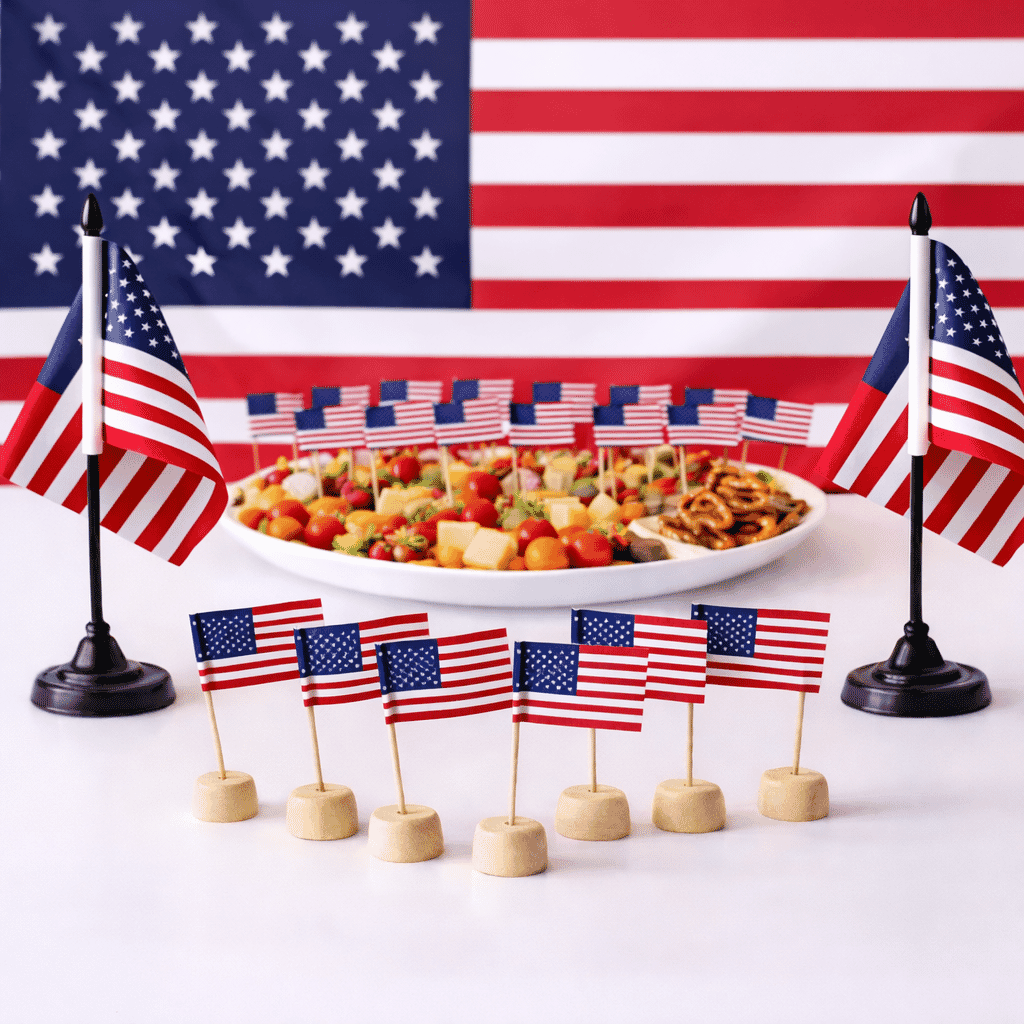 Fan-Set USA mit 2 Tischflaggen, 50 Mini-Fahnen, 10 Holzsockeln und Fahne 100 x 150 cm - Bild 1