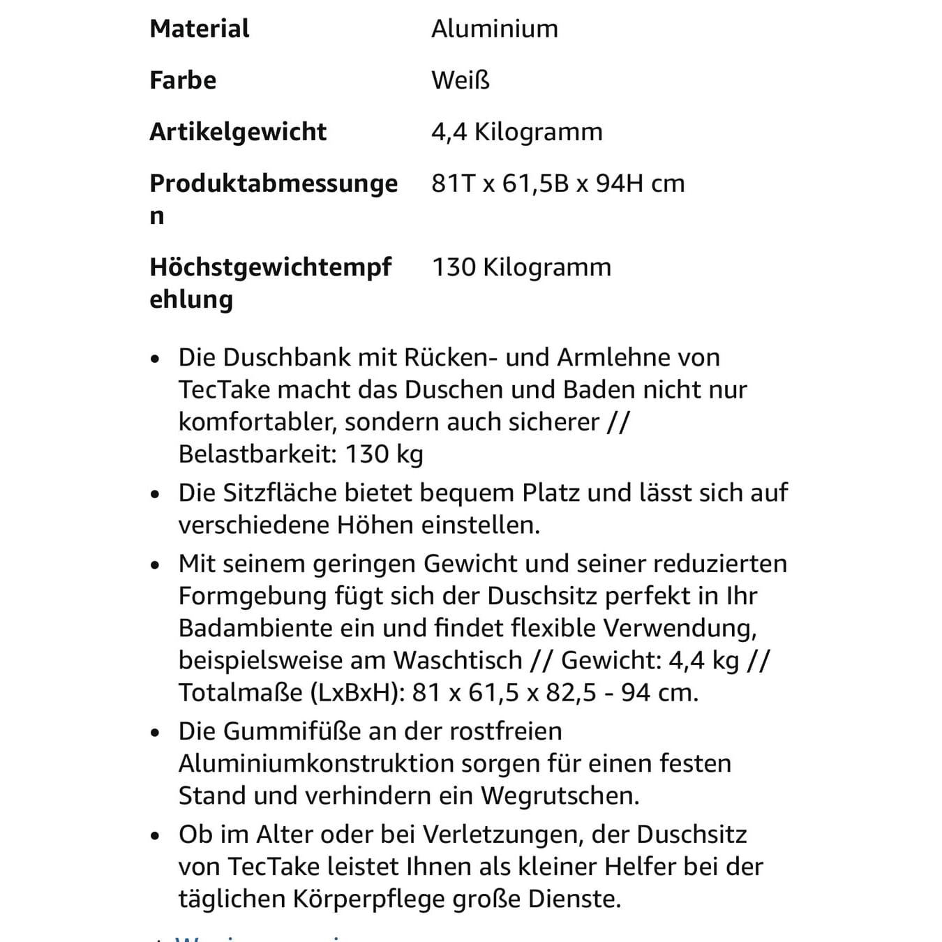 neue Duschbank mit Rücken- und Armlehne