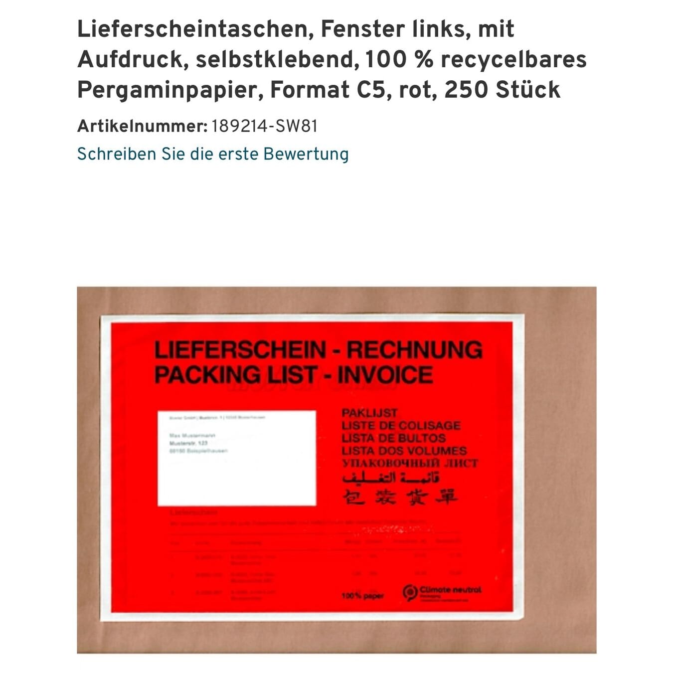 Lieferscheintaschen, Fenster links, 17.5x13.5cm, selbstklebend