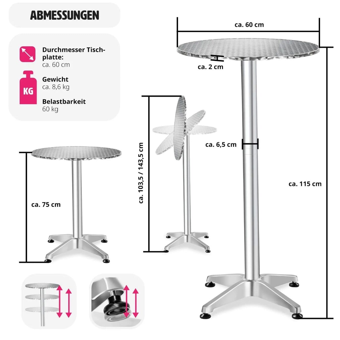 Neuer Stehtisch aus Aluminium, höhenverstellbar
